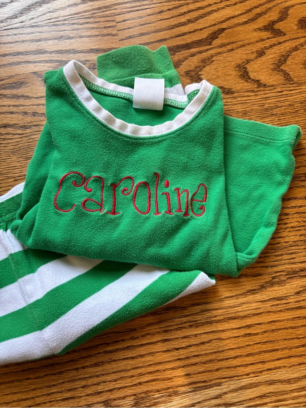 Embroidered Caroline Green White Striped Christmas Pajamas PJs Set